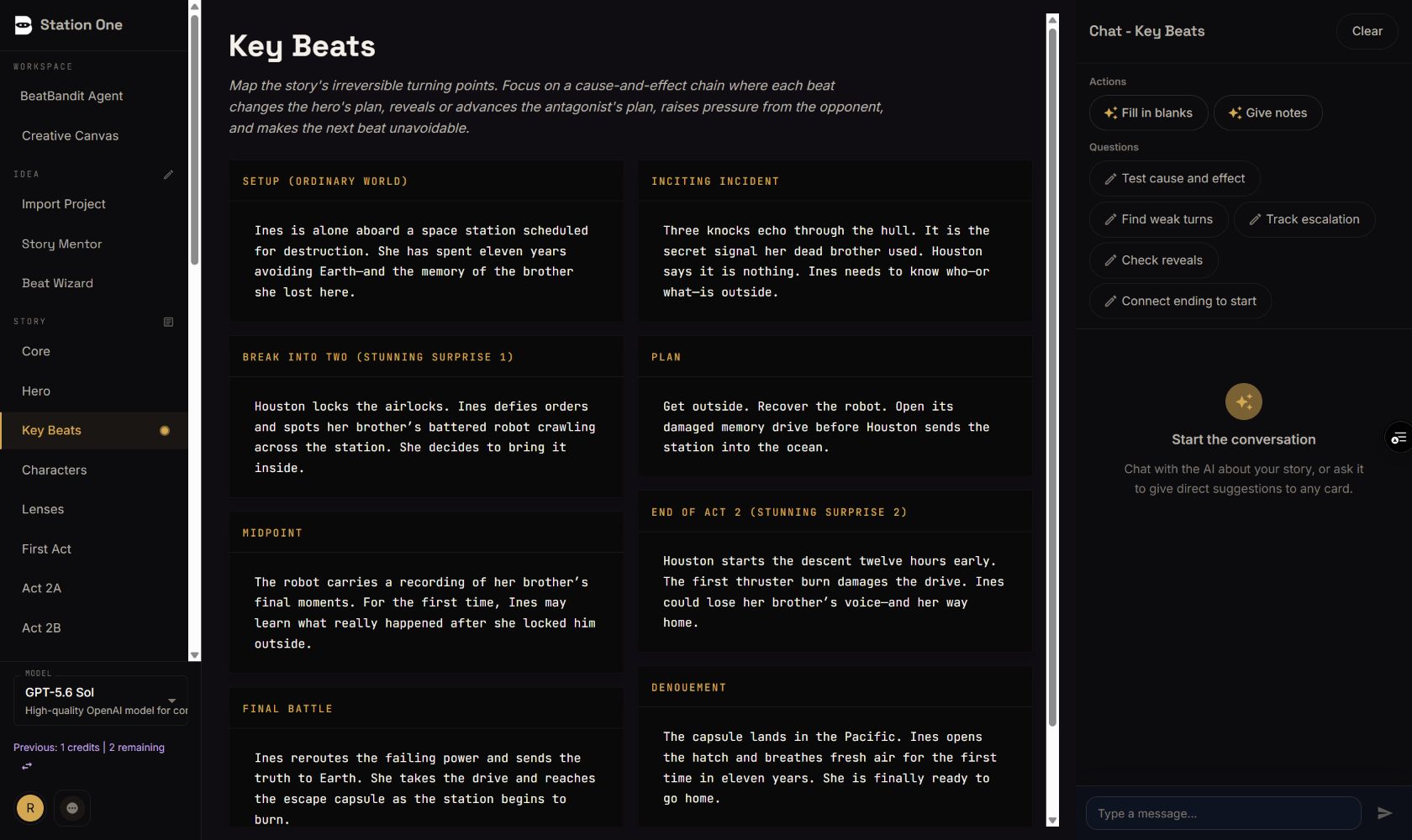 BeatBandit's story workspace, with story beats in the centre, project navigation on the left and AI writing help on the right.